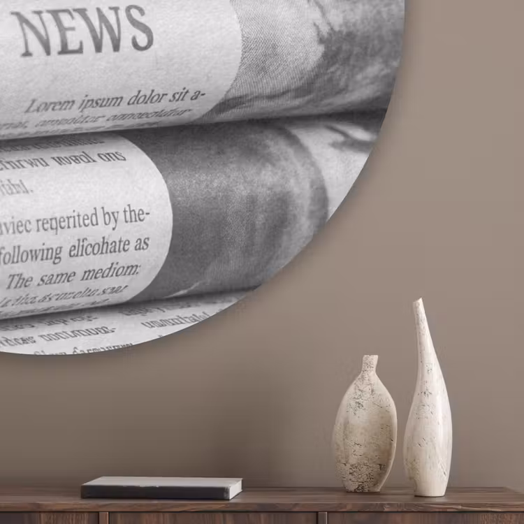 Krant - Stapel - Nieuws - Zwart-wit - Media Akoestische PET Vilt - Rond klein -sfeer5_closeup