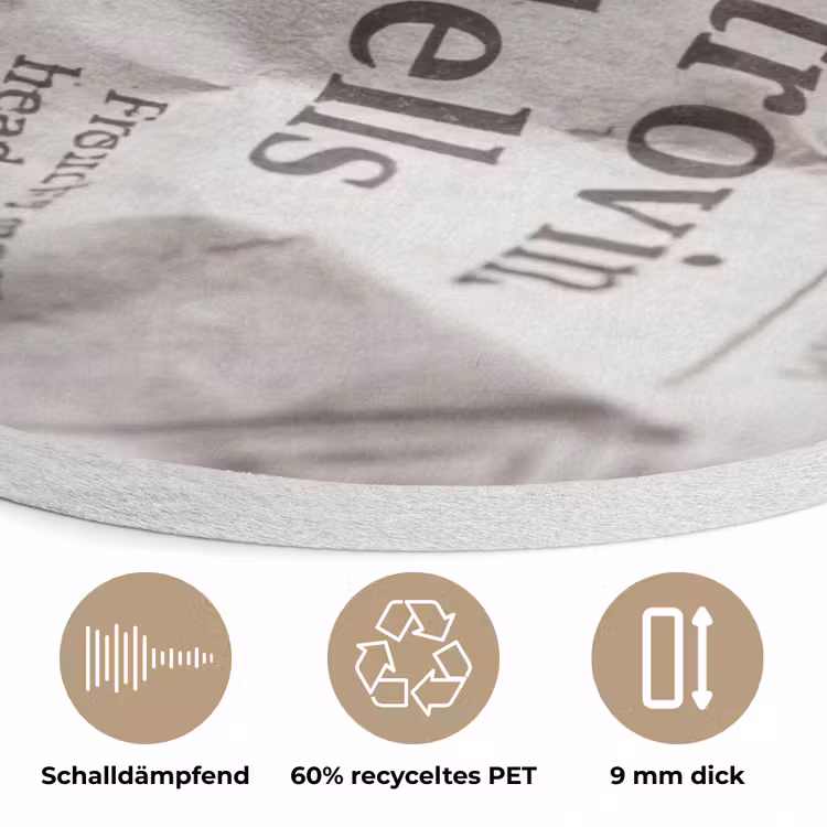 Krant - Gekreukeld - Textuur - Vintage - Zwart-wit Akoestische PET Vilt - Rond klein -closeup_DE