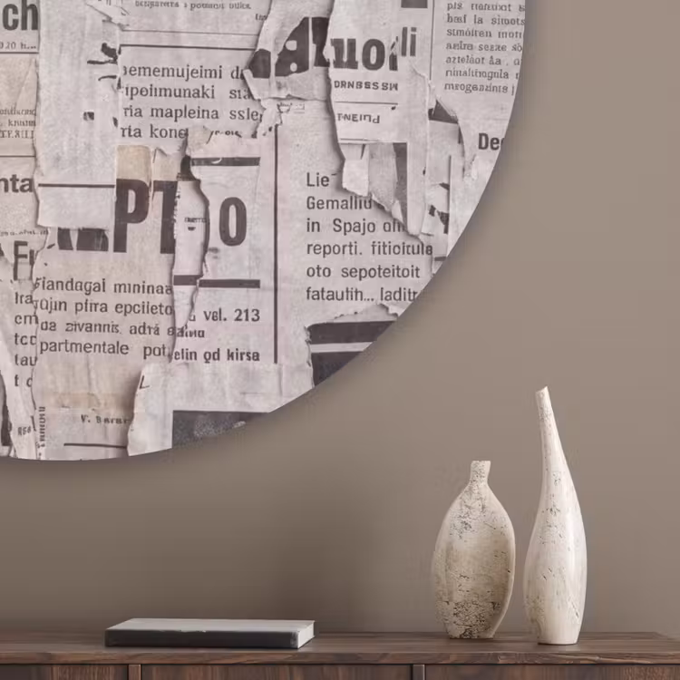Krant - Gescheurd - Textuur - Abstract - Zwart-wit Akoestische PET Vilt - Rond klein -sfeer5_closeup