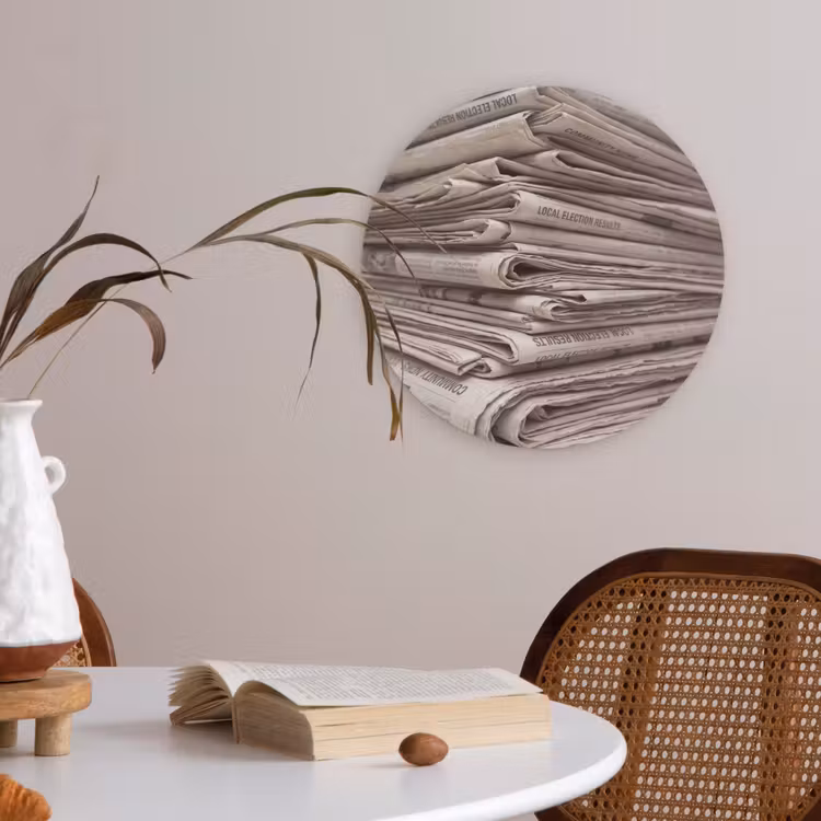 Kranten - Stapel - Nieuws - Vintage - Beige Akoestische PET Vilt - Rond klein -sfeer3