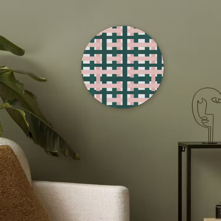 Vlechtpatroon - Groen - Roze - Grafisch Akoestische PET Vilt - Rond klein 838 -sfeer2