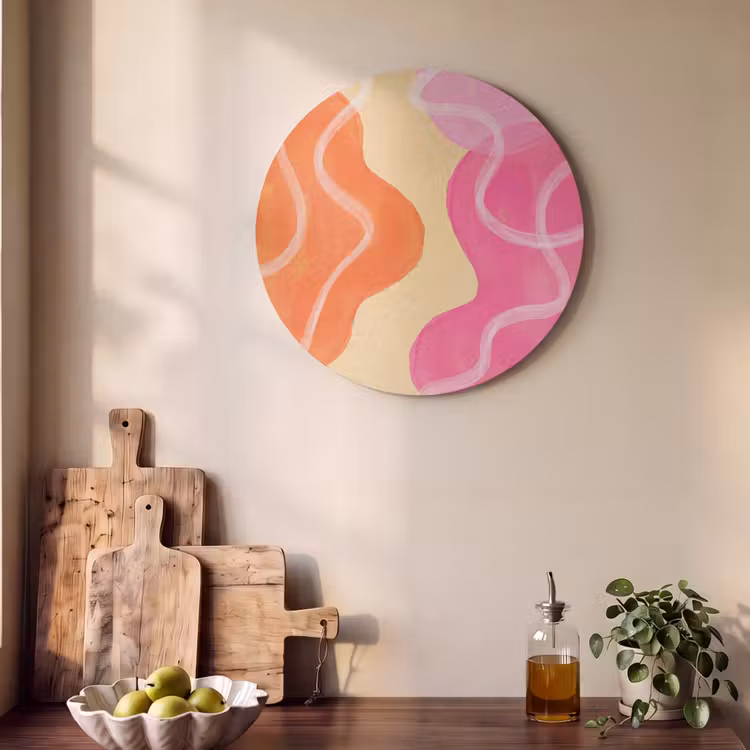 Abstract - Aquarel - Organisch - Oranje - Roze Akoestische PET Vilt - Rond klein -sfeer2