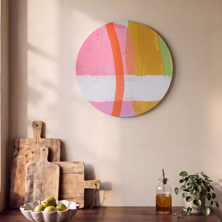 Abstract - Kleurrijk - Vormen - Modern - Kunst Akoestische PET Vilt - Rond klein -sfeer2