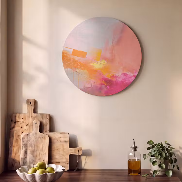 Abstract - Kleurrijk - Modern - Roze Akoestische PET Vilt - Rond klein -sfeer2