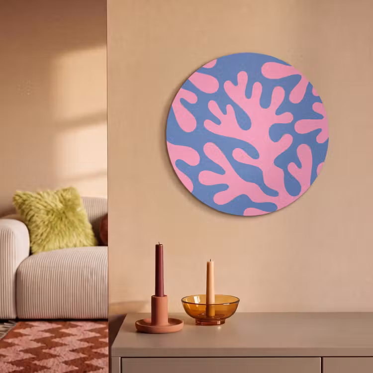 Abstract - Vormen - Roze - Blauw Akoestische PET Vilt - Rond klein -sfeer1