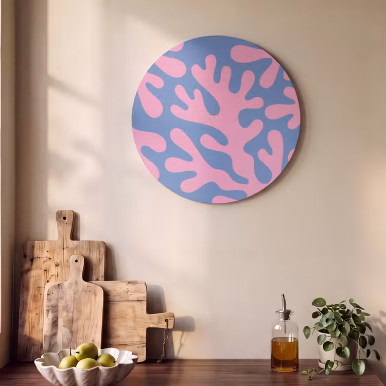 Abstract - Vormen - Roze - Blauw Akoestische PET Vilt - Rond klein -sfeer2