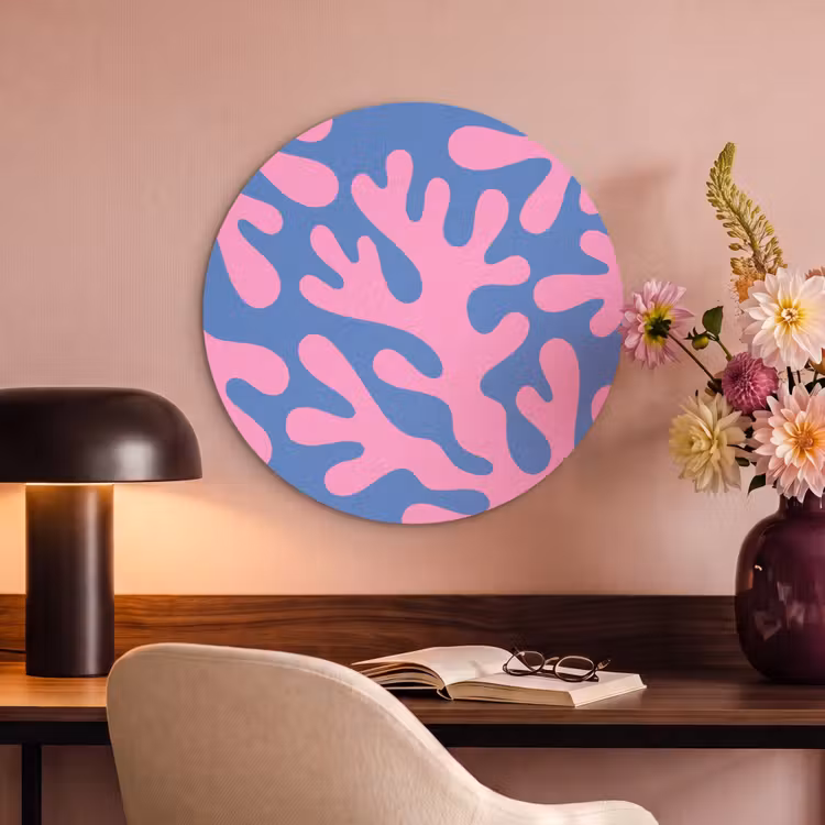Abstract - Vormen - Roze - Blauw Akoestische PET Vilt - Rond klein -sfeer3