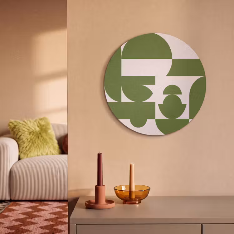 Abstract - Geometrie - Modern - Groen - Wit Akoestische PET Vilt - Rond klein -sfeer1
