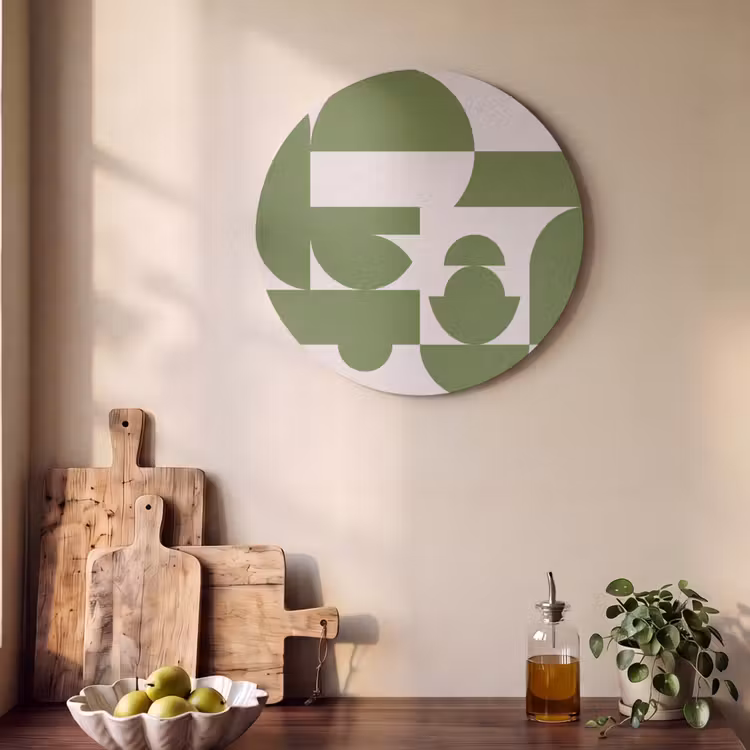 Abstract - Geometrie - Modern - Groen - Wit Akoestische PET Vilt - Rond klein -sfeer2