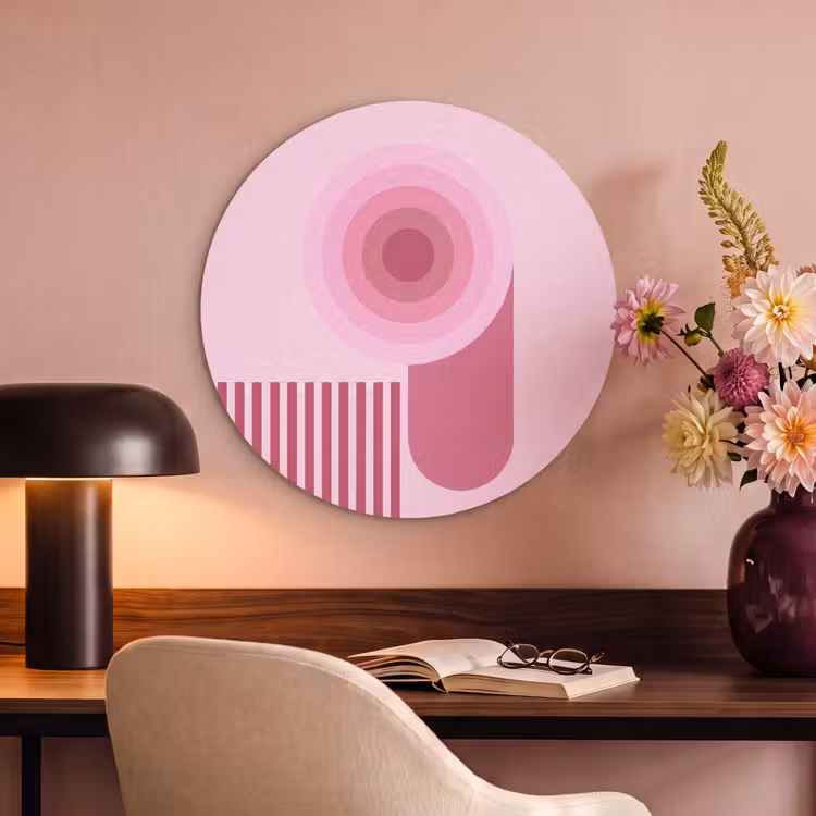 Abstract - Cirkels - Strepen - Modern - Roze Akoestische PET Vilt - Rond klein -sfeer3