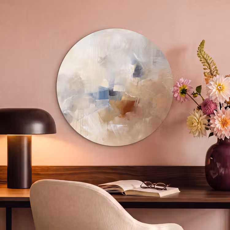 Abstract - Borstelstreken - Modern - Beige - Kunst Akoestische PET Vilt - Rond klein -sfeer3