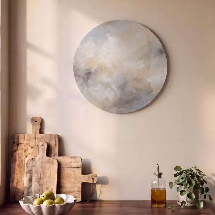 Abstract - Wolken - Sfeervol - Beige - Grijs Akoestische PET Vilt - Rond klein -sfeer2