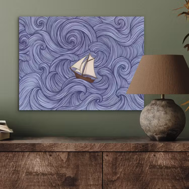 Schip - Golven - Zee - Illustratie - Blauw PET vilt klein -sfeer2