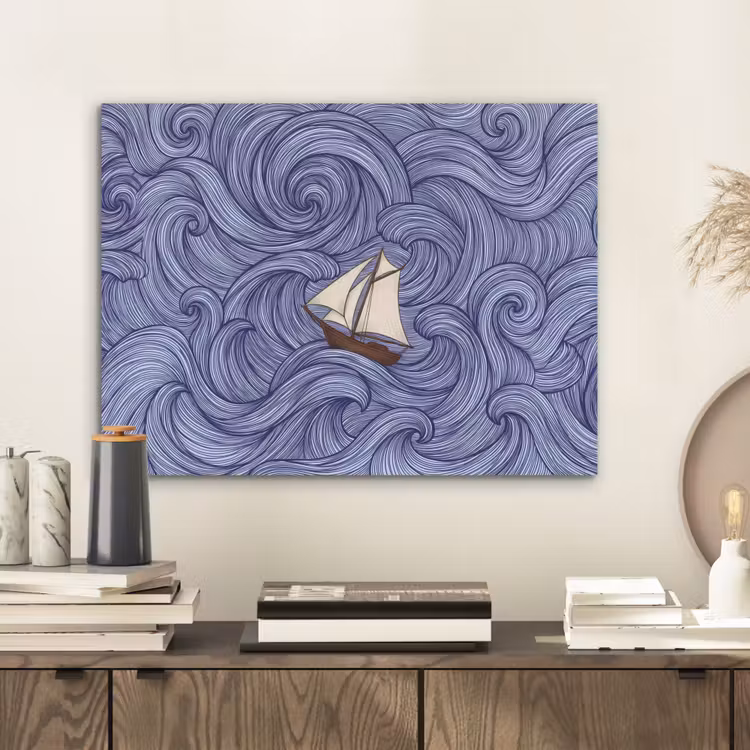 Schip - Golven - Zee - Illustratie - Blauw PET vilt klein -sfeer1