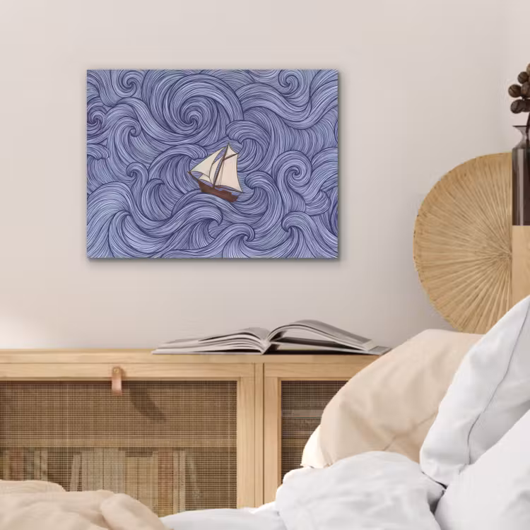 Schip - Golven - Zee - Illustratie - Blauw PET vilt klein -sfeer3