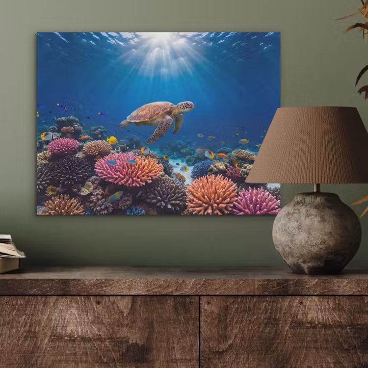 Schildpad - Koraalrif - Oceaan - Dieren - Blauw PET vilt klein -sfeer2