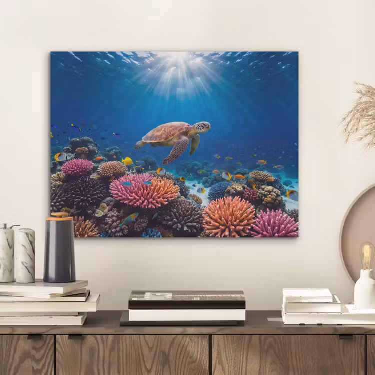 Schildpad - Koraalrif - Oceaan - Dieren - Blauw PET vilt klein -sfeer1