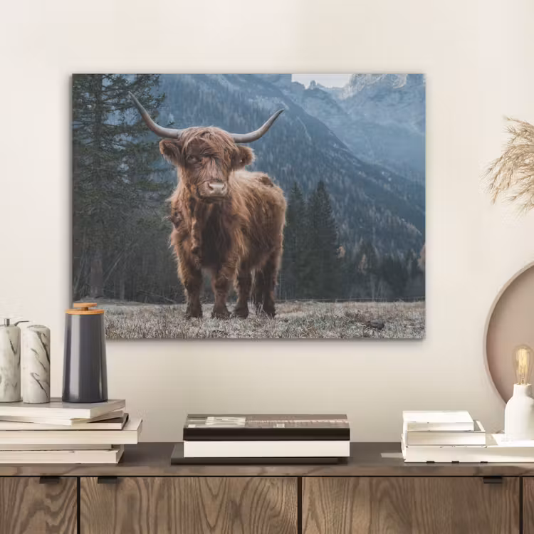 Schotse hooglander - Berg - Landschap - Bomen - Koe - Natuur PET vilt klein -sfeer1