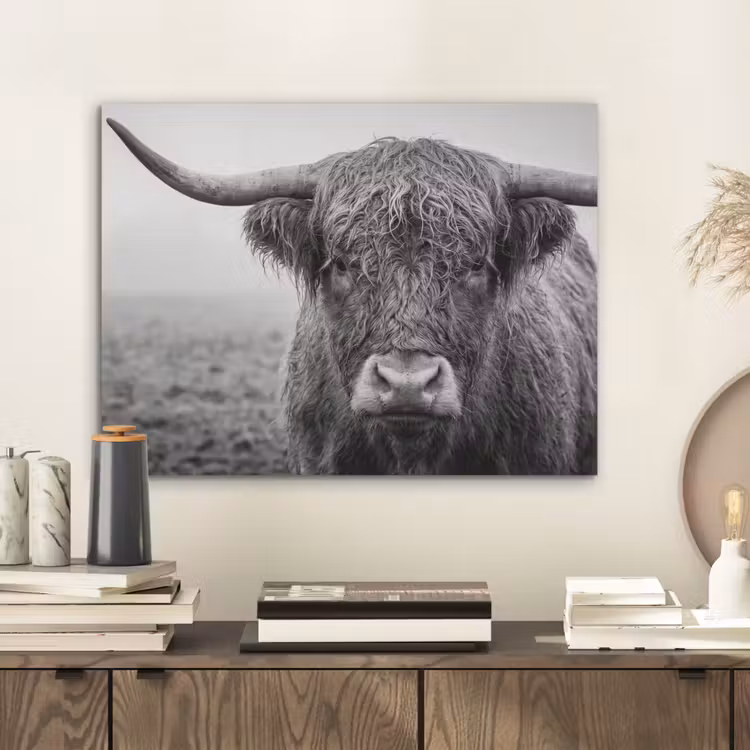 Schotse hooglander - Zwart - Wit - Gras PET vilt klein -sfeer1