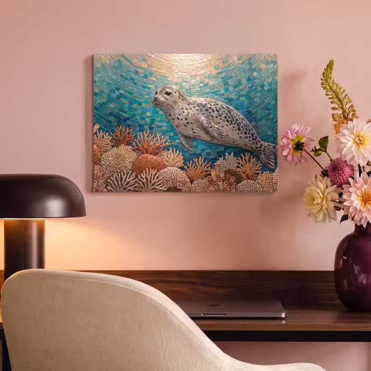 Zeehond - Mozaïek - Onderwater - Dieren - Blauw PET vilt klein -sfeer3