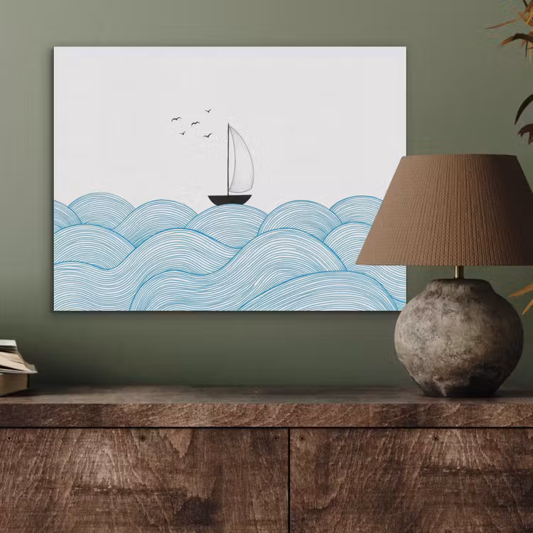 Zeilboot - Golven - Zee - Illustratie - Blauw PET vilt klein -sfeer2