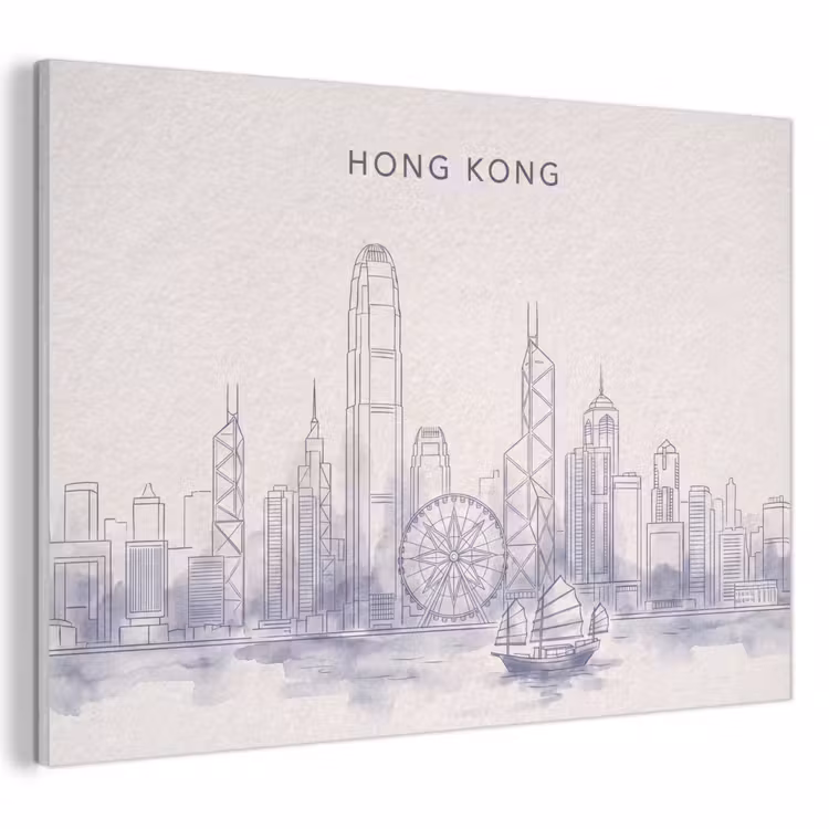 Stad - Skyline - Water - Lijntekening - Blauw PET vilt klein -3d