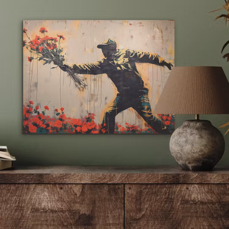 Street art - Man - Bloemen - Rood - Graffiti - Banksy PET vilt klein -sfeer2
