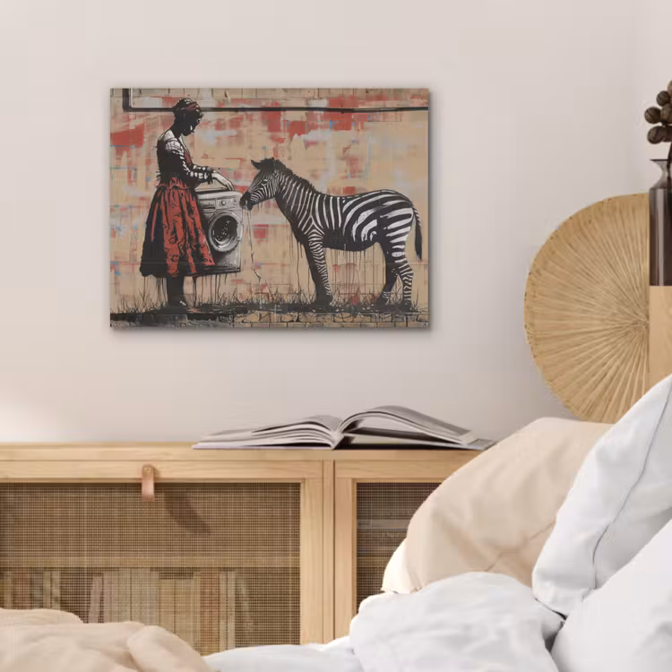 Street art - Zebra - Vrouw - Dieren - Graffiti - Banksy PET vilt klein -sfeer3