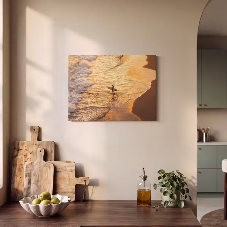 Surfer - Strand - Zonsondergang - Oceaan - Goud PET vilt klein -sfeer2