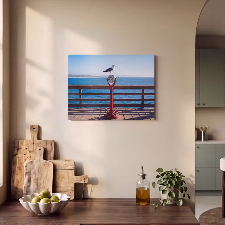 Vogel - Verrekijker - Kust - Zee - Blauw PET vilt klein -sfeer2