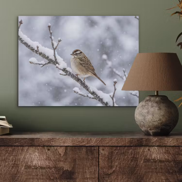 Vogel - Tak - Sneeuw - Winter PET vilt klein -sfeer2
