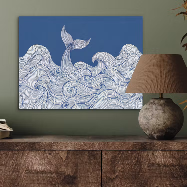 Walvis - Staart - Golven - Lijntekening - Blauw PET vilt klein -sfeer2