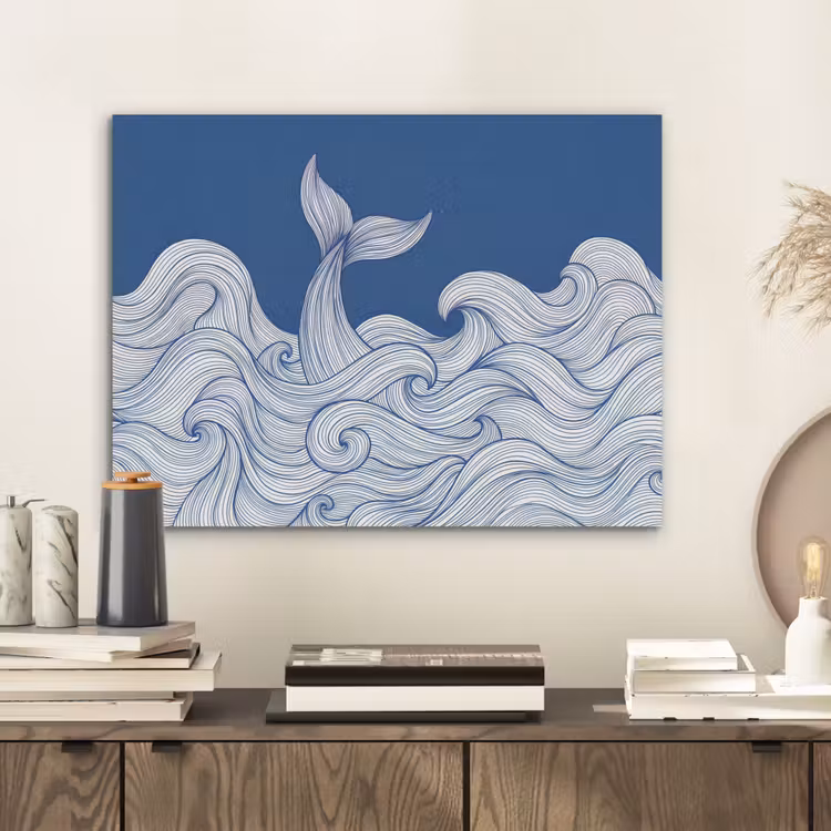 Walvis - Staart - Golven - Lijntekening - Blauw PET vilt klein -sfeer1