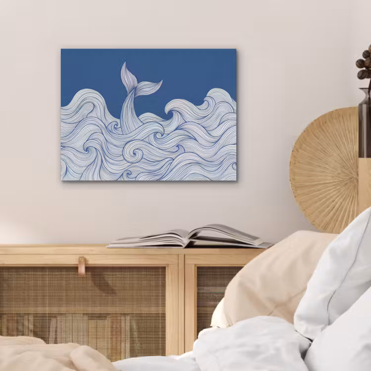 Walvis - Staart - Golven - Lijntekening - Blauw PET vilt klein -sfeer3