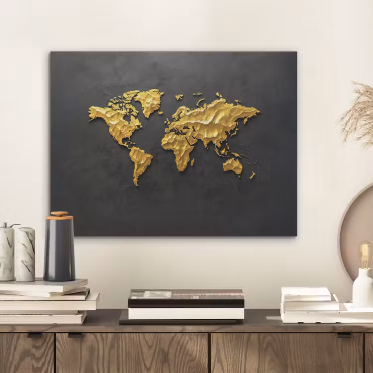 Wereldkaart - 3D Reliëf - Matzwart PET vilt klein -sfeer1