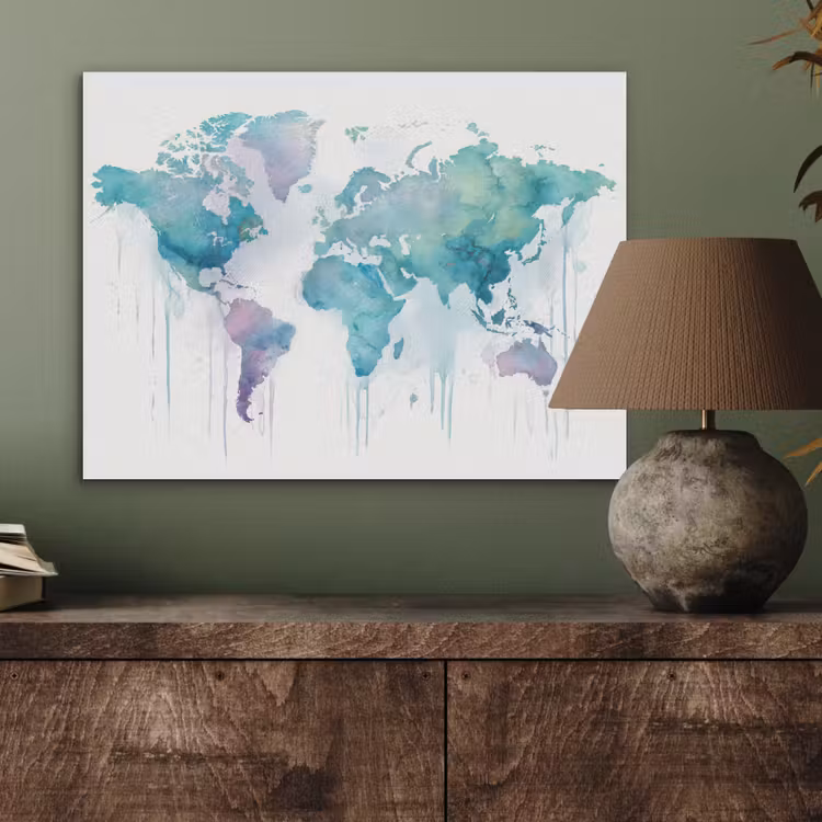 Wereldkaart - Waterverf - Blauw - Druppels PET vilt klein -sfeer2