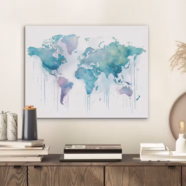 Wereldkaart - Waterverf - Blauw - Druppels PET vilt klein -sfeer1