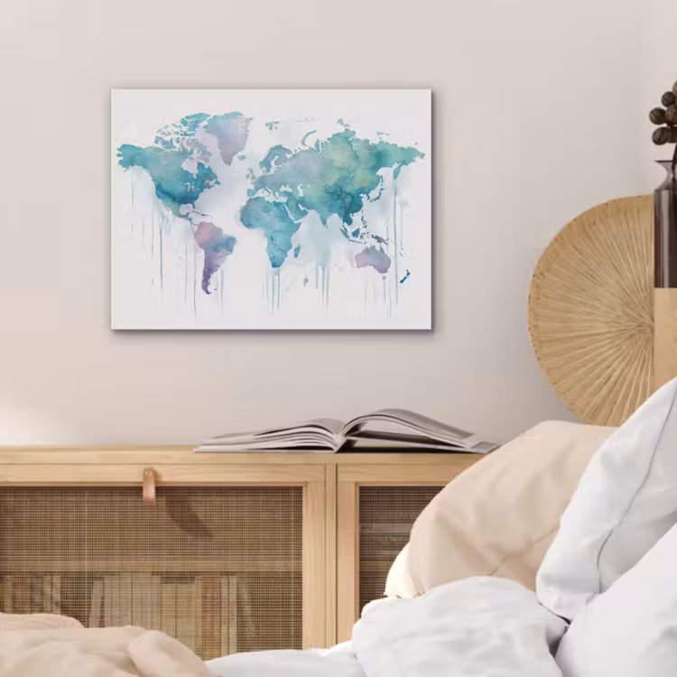 Wereldkaart - Waterverf - Blauw - Druppels PET vilt klein -sfeer3