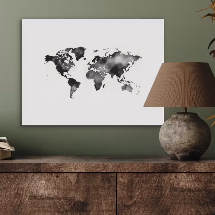 Wereldkaart - Aquarel - Zwart PET vilt klein -sfeer2