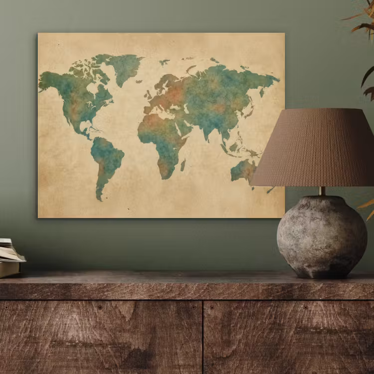 Wereldkaart - Aquarelstijl - Oud papier PET vilt klein -sfeer2