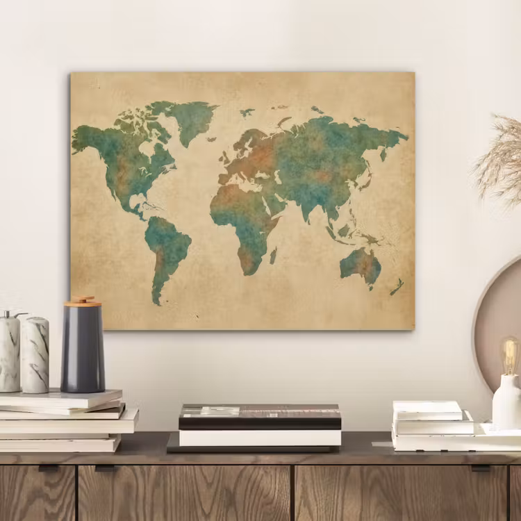 Wereldkaart - Aquarelstijl - Oud papier PET vilt klein -sfeer1
