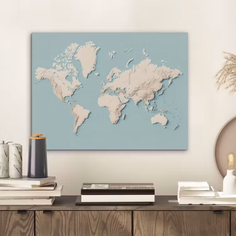 Wereldkaart - Beige - Blauw PET vilt klein -sfeer1