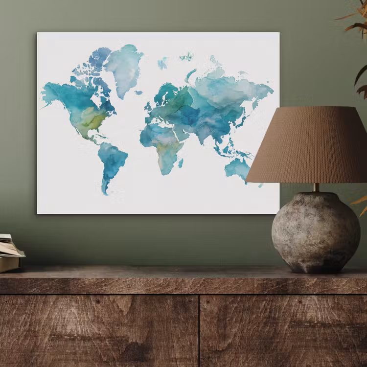 Wereldkaart - Blauw - Geschilderd - Transparant PET vilt klein -sfeer2