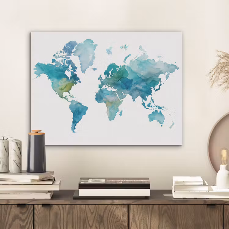 Wereldkaart - Blauw - Geschilderd - Transparant PET vilt klein -sfeer1