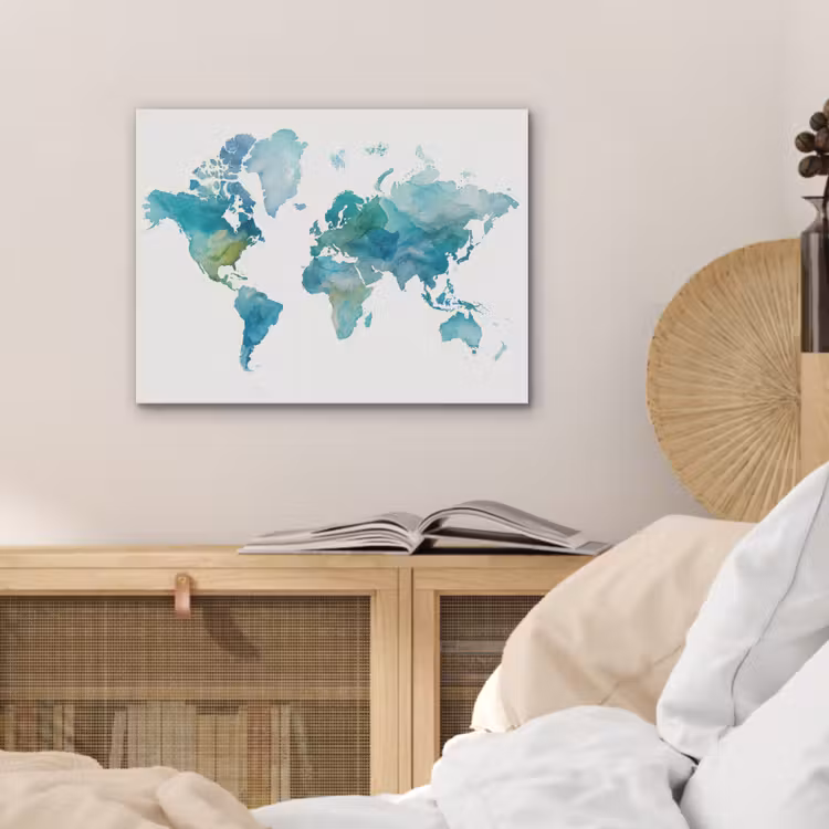 Wereldkaart - Blauw - Geschilderd - Transparant PET vilt klein -sfeer3