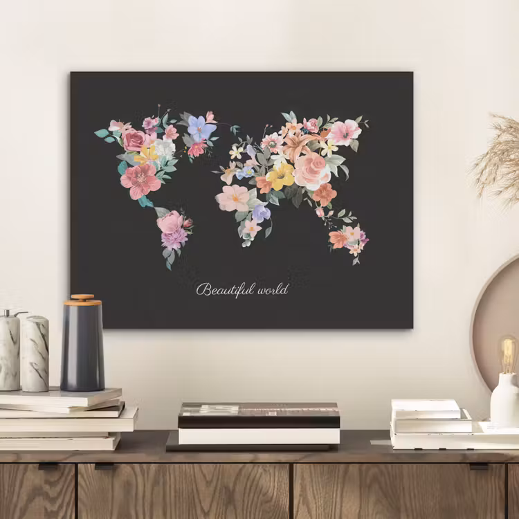 Wereldkaart - Bloemen - Pastelkleuren PET vilt klein -sfeer1