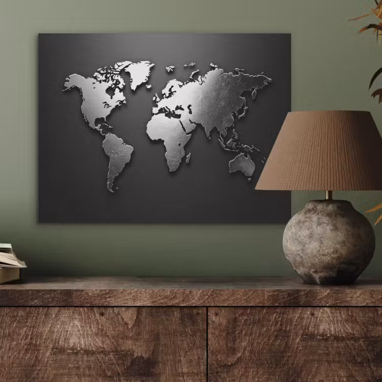 Wereldkaart - Chrome - Zilver - Zwart PET vilt klein -sfeer2