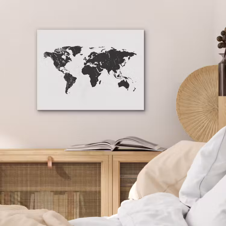Wereldkaart - Verf - Zwart - Wit PET vilt klein -sfeer3