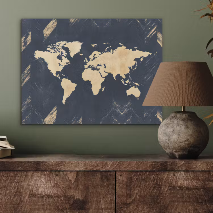 Wereldkaart - Visgraatpatroon - Vintage - Blauw PET vilt klein -sfeer2