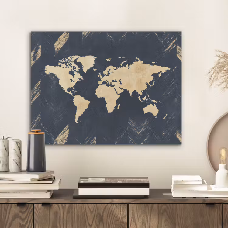 Wereldkaart - Visgraatpatroon - Vintage - Blauw PET vilt klein -sfeer1